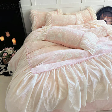 Pink Green Romantic Lace Ruffles Carved Fleece Velvet Warm Duvet Cover Bedding Set